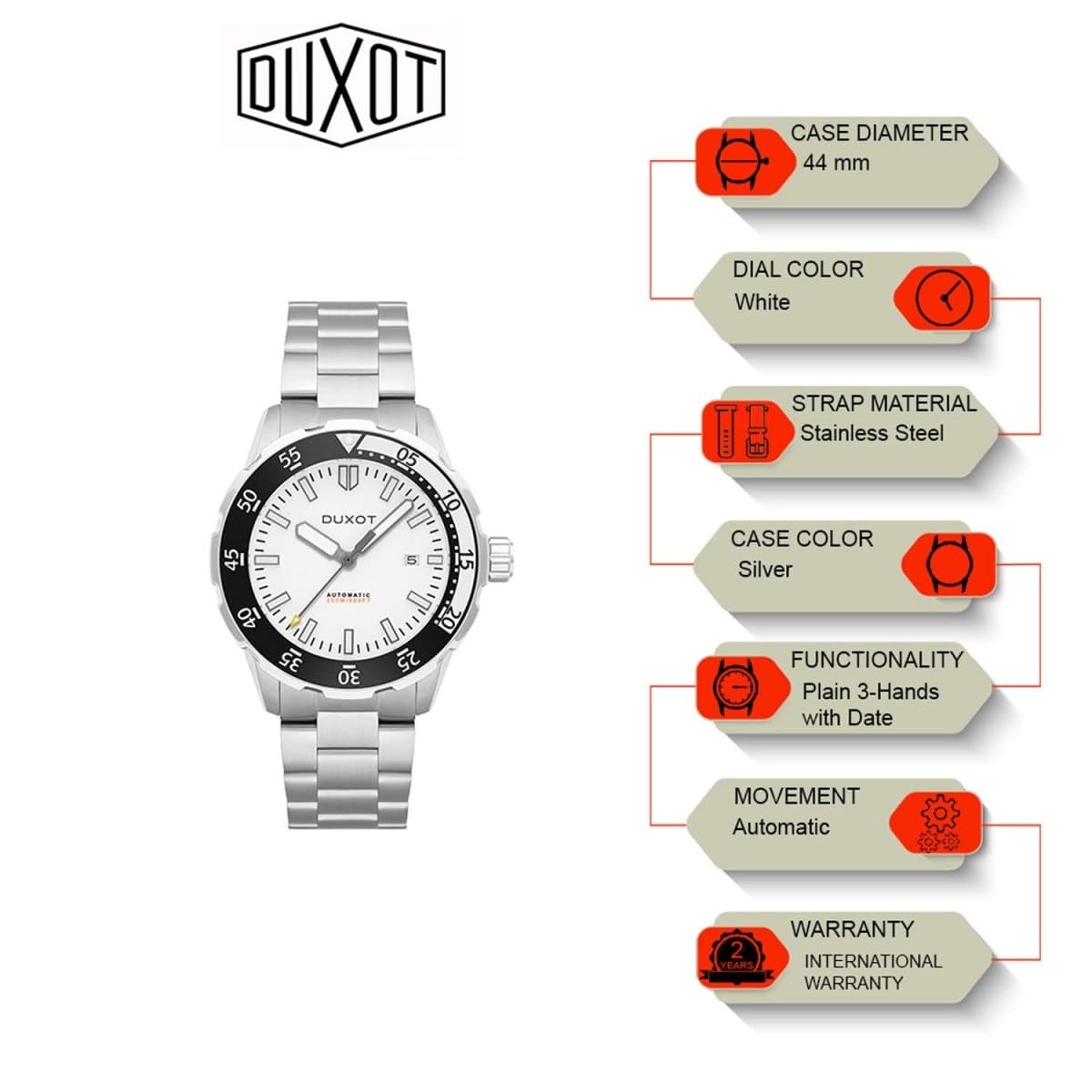 Duxot Mergulho Automatic White Round Dial Men's Watch - DX-2035-44