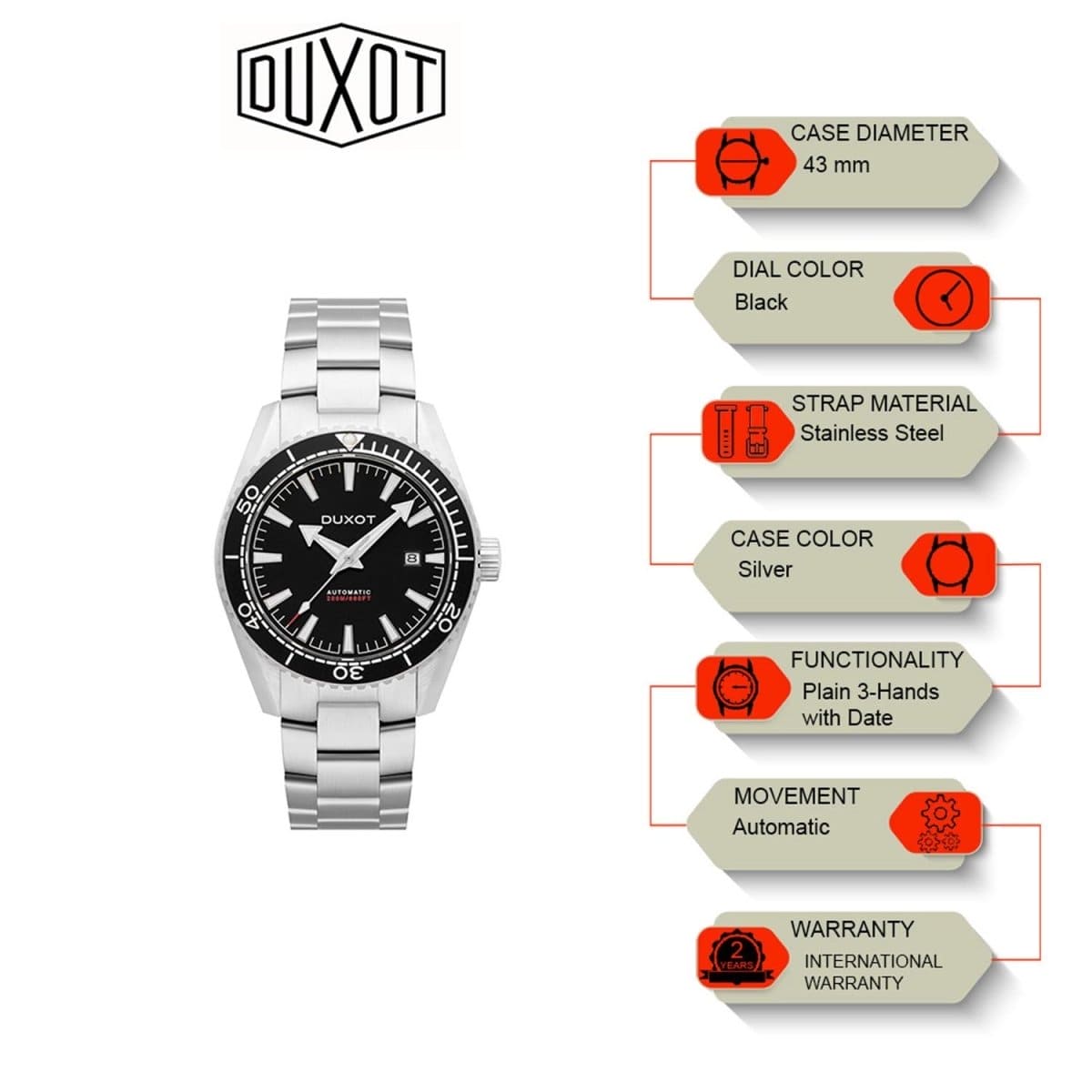 Duxot Tiburon Automatic Black Round Dial Men's Watch - DX-2036-11