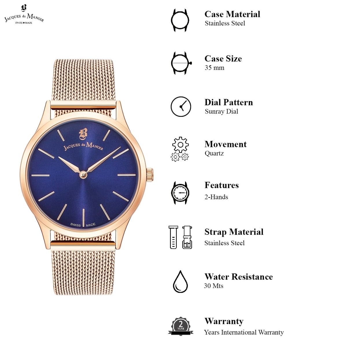 JACQUES DU MANOIR Emotion Swiss Made Analogue Blue Round Dial Women's Watch- EM.04