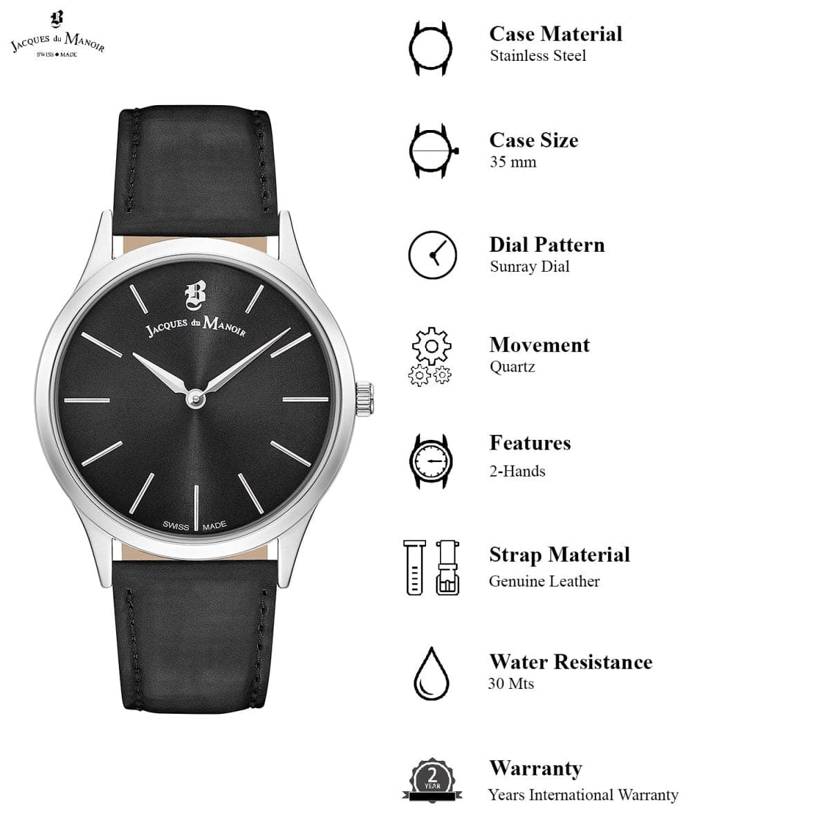JACQUES DU MANOIR Emotion Swiss Made Analogue Black Round Dial Women's Watch- EM.08