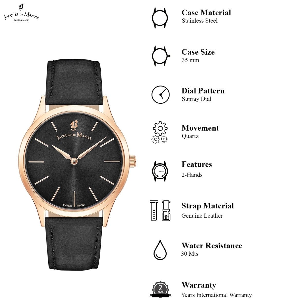 JACQUES DU MANOIR Emotion Swiss Made Analogue Black Round Dial Women's Watch- EM.10