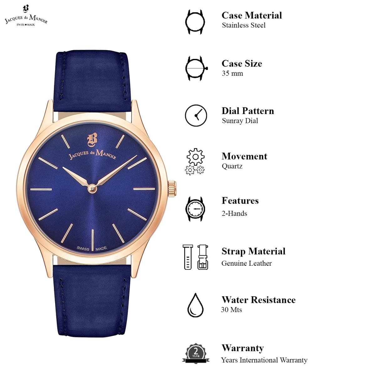 JACQUES DU MANOIR Emotion Swiss Made Analogue Blue Round Dial Women's Watch- EM.12