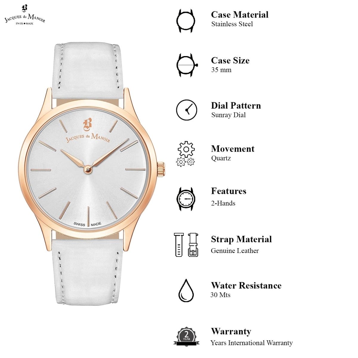 JACQUES DU MANOIR Emotion Swiss Made Analogue Silver Round Dial Women's Watch- EM.13