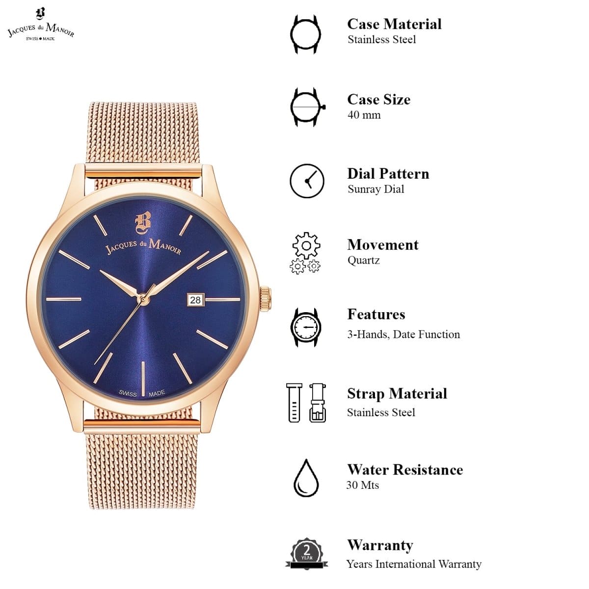 JACQUES DU MANOIR Emotion Swiss Made Analogue Blue Round Dial Men's Watch- EMG.03