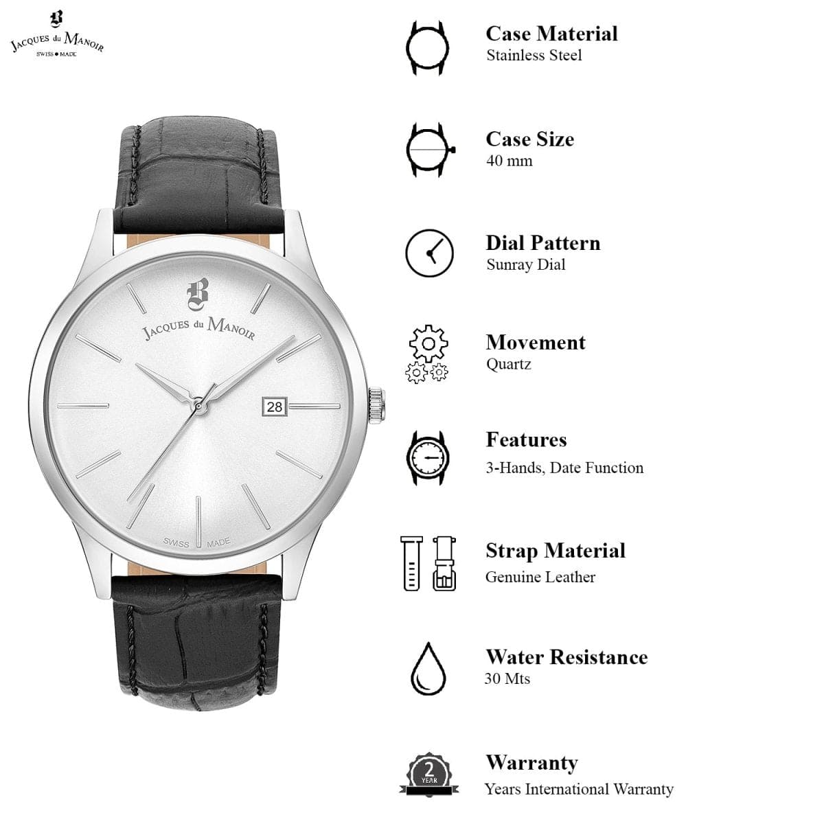 JACQUES DU MANOIR Emotion Swiss Made Analogue Silver Round Dial Men's Watch- EMG.06