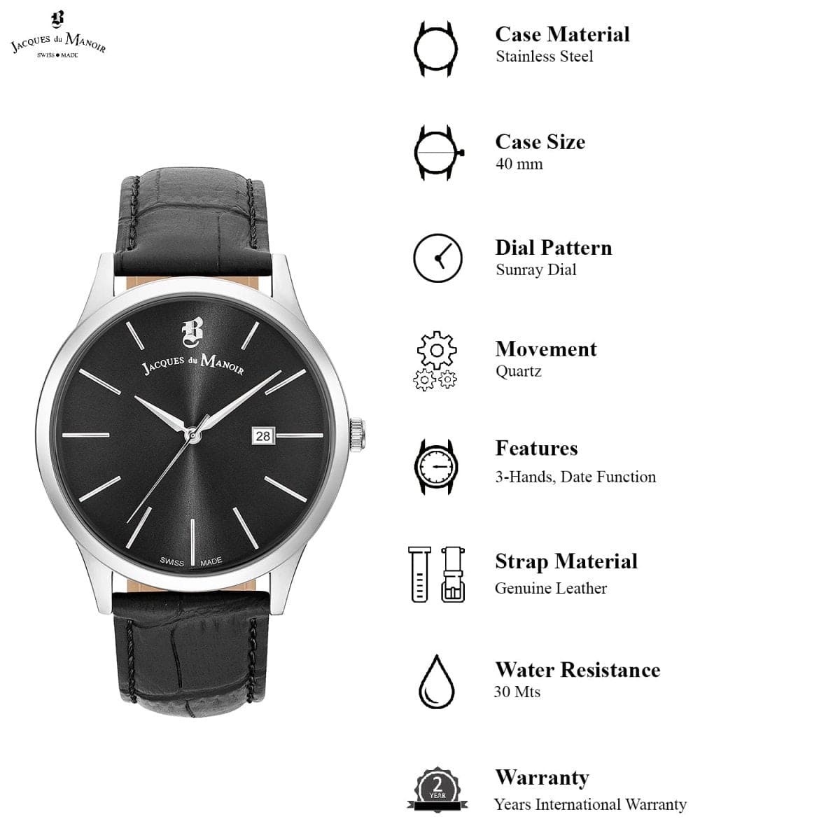 JACQUES DU MANOIR Emotion Swiss Made Analogue Black Round Dial Men's Watch- EMG.07