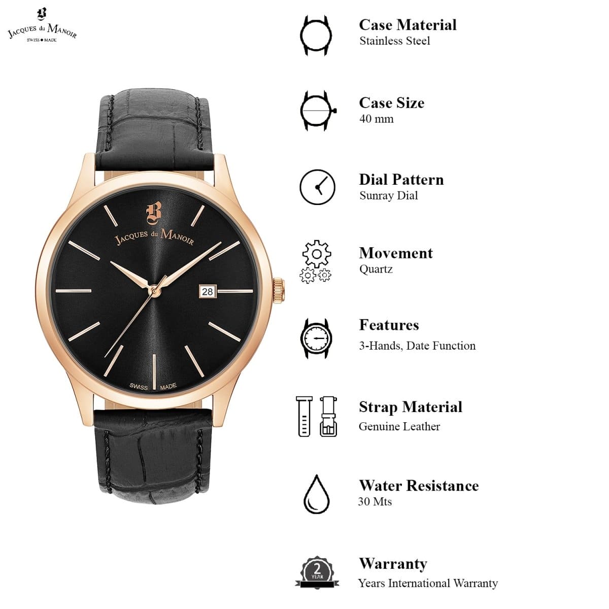 JACQUES DU MANOIR Emotion Swiss Made Analogue Black Round Dial Men's Watch- EMG.12