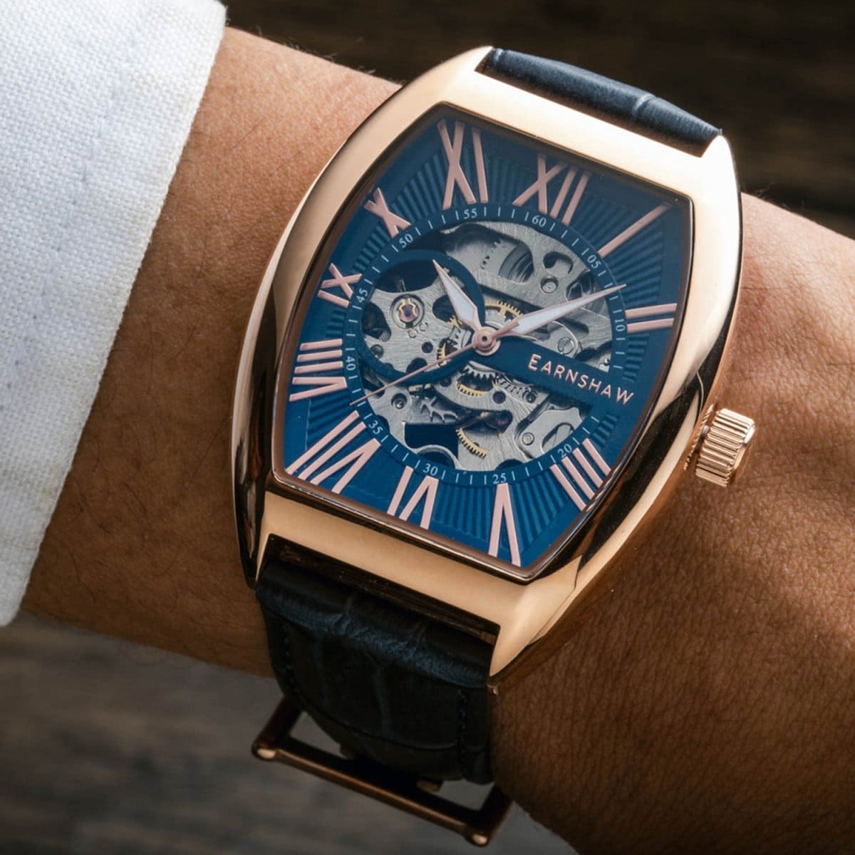 Earnshaw Beauchamp Automatic Skeleton Blue Tonneau Dial Men's Watch - ES-8148-0A