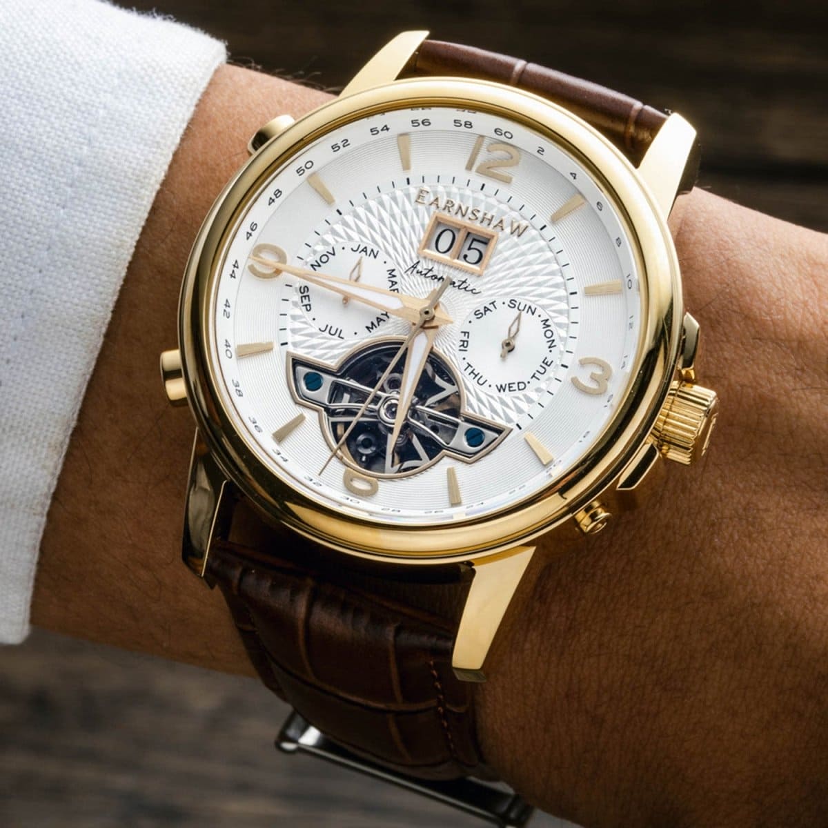 Earnshaw Marylebone Grand Date Open Heart Automatic White Round Dial Men's Watch - ES-8177-08