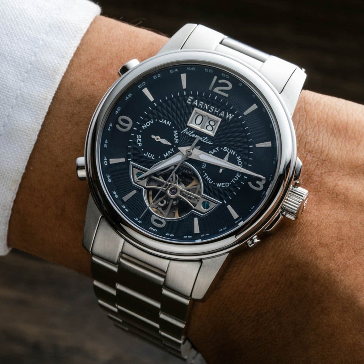 Earnshaw Marylebone Grand Date Open Heart Automatic Blue Round Dial Men's Watch - ES-8177-22