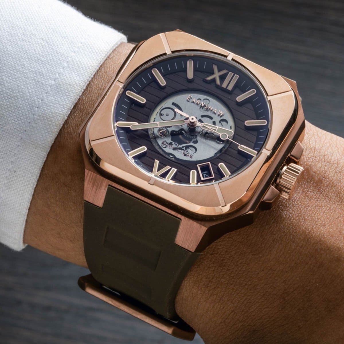 Earnshaw Armoury Automatic Skeleton Brown Square Luminous Hands Dial Men's Watch - ES-8258-01