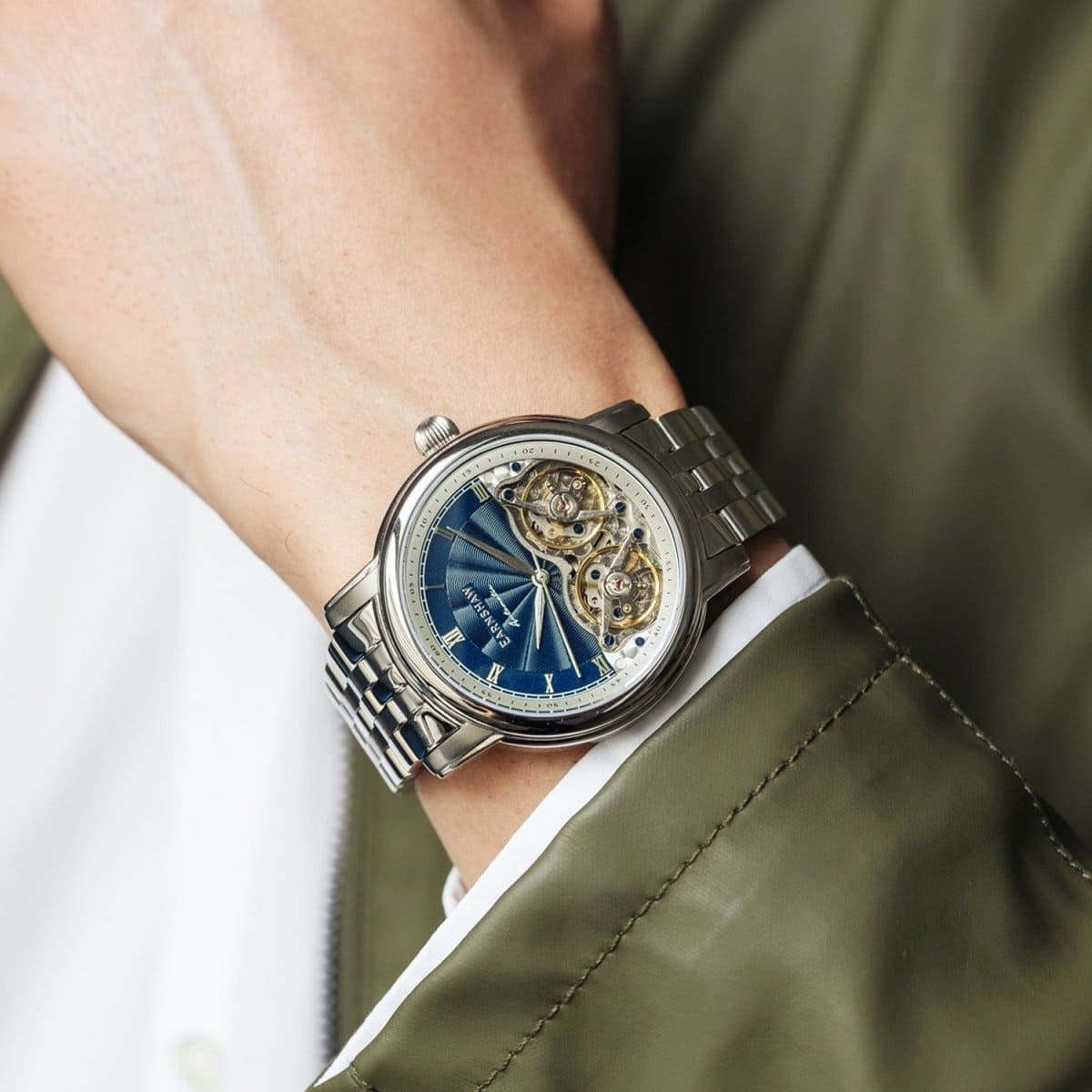 Earnshaw Longitude Double Barrel Automatic Automatic Skeleton Blue Round Dial Men's Watch - ES-8255-22