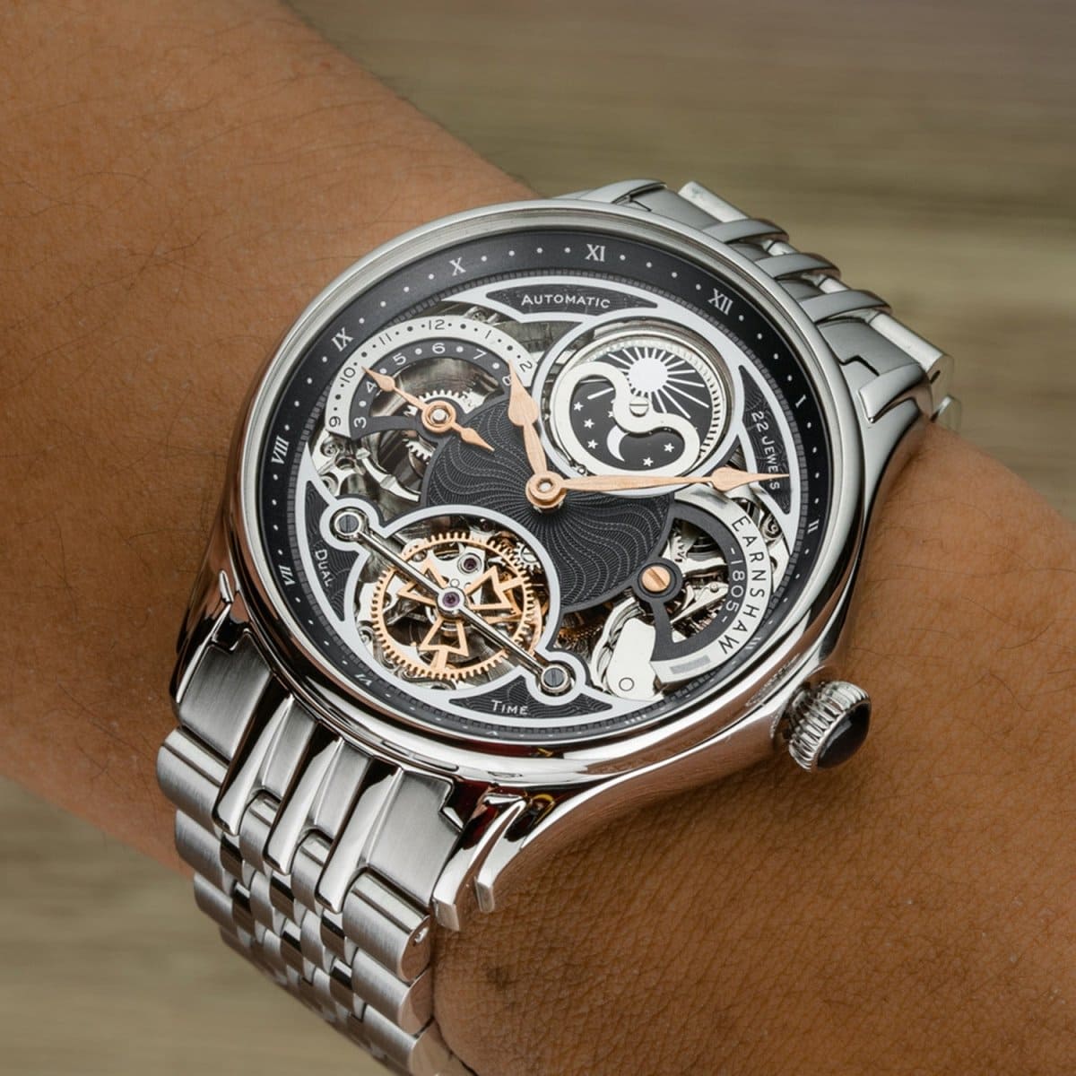 Earnshaw Nasmyth MoonPhase Dual Time Automatic Skeleton Black Round 22 Jewels Dial Men's Watch - ES-8259-22