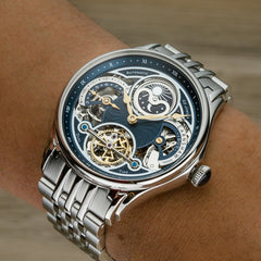 Earnshaw Nasmyth MoonPhase Dual Time Automatic Skeleton Blue Round 22 Jewels Dial Men's Watch - ES-8259-33