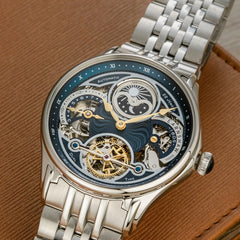 Earnshaw Nasmyth MoonPhase Dual Time Automatic Skeleton Blue Round 22 Jewels Dial Men's Watch - ES-8259-33