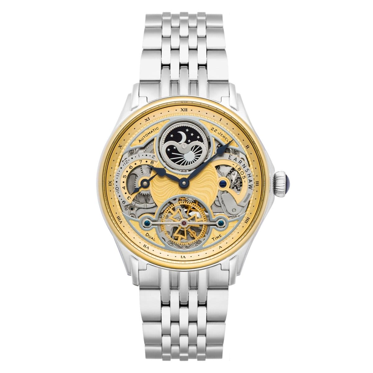 Earnshaw Nasmyth MoonPhase Dual Time Automatic Skeleton Gold Round 22 Jewels Dial Men's Watch - ES-8259-44