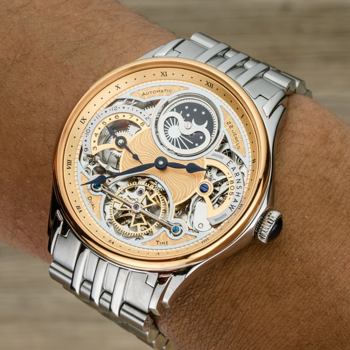 Earnshaw Nasmyth MoonPhase Dual Time Automatic Skeleton Gold Round 22 Jewels Dial Men's Watch - ES-8259-44