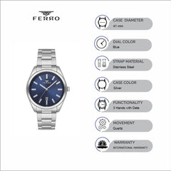 Ferro Quartz Blue Round Dial Men's Watch - F11160A-A3