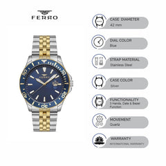 Ferro Quartz Blue Round Dial Men's Watch - F11922A-D3