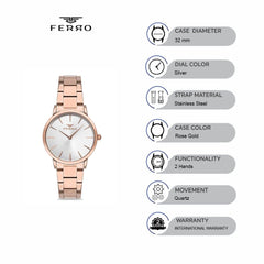 Ferro Quartz Silver Round Dial Women's Watch - F1928A-1025-C