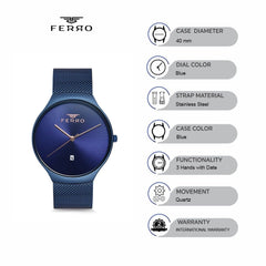 Ferro Lucca  Quartz Blue Round Dial Men's Watch - F1989C-941-H