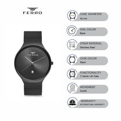 Ferro Lucca Quartz Black Round Dial Men's Watch - F1989C-941-V