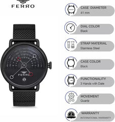 Ferro Analoge Black Round Dial Men's Watch -  F1995C-1042-G