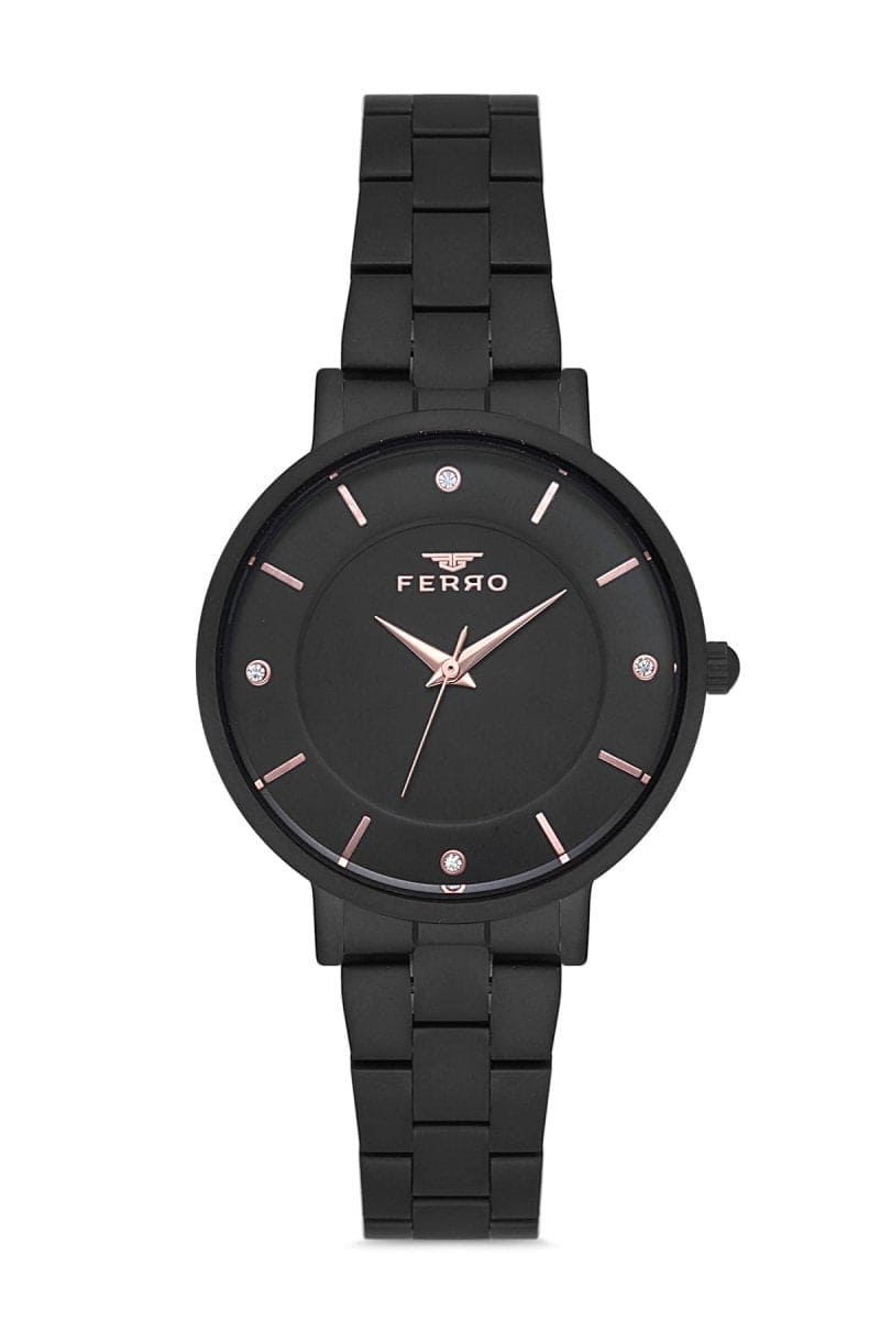 Ferro Quartz Crystals Black Round Dial Women's Watch - F21099A-G