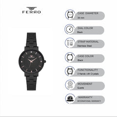 Ferro Quartz Crystals Black Round Dial Women's Watch - F21099A-G