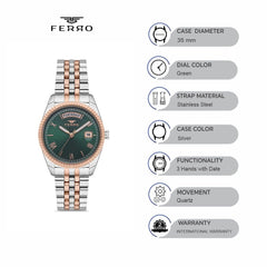 Ferro Quartz Green Round Dial Women's Watch - F21131A-E6