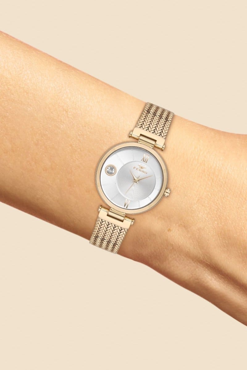 Ferro Quartz Crystals Silver Round Dial Women's Watch - F21144C-B