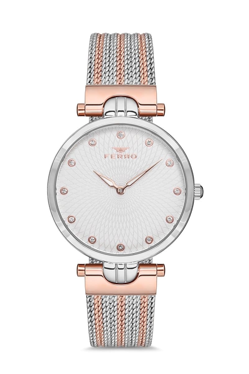 Ferro Quartz Crystals Silver Round Dial Women's Watch - F21149C-E