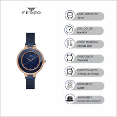 Ferro Quartz Crystals Blue MOP Round Dial Women's Watch - F21205C-T
