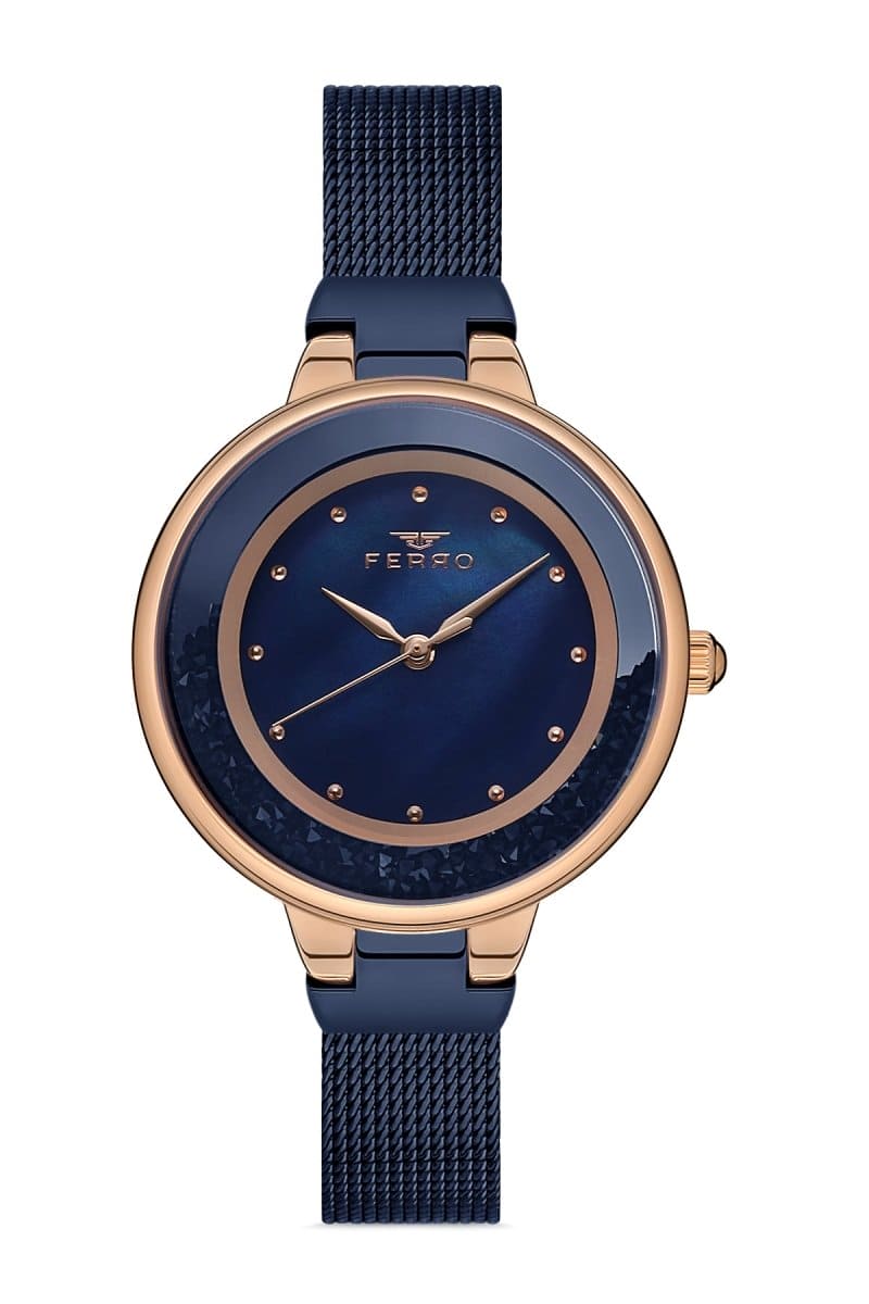 Ferro Quartz Crystals Blue MOP Round Dial Women's Watch - F21205C-T