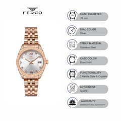 Ferro Pisa Quartz Crystals Silver Round Dial Women's Watch - F21924A-C