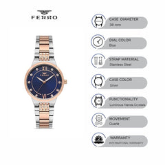 Ferro Quartz Crystals Blue Round Dial Women's Watch - F21928A-E3