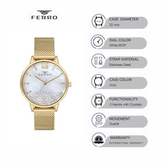 Ferro Pisa Quartz Crystals White MOP Round Dial Women's Watch - F21934C-B