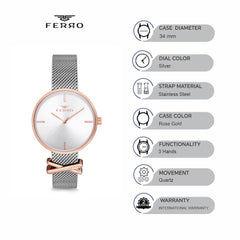 Ferro Analog White Round Dial Women's Watch -  F2986C-978-E