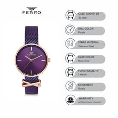 Ferro Analog Purple Round Dial Women's Watch -  F2986C-978-ZC