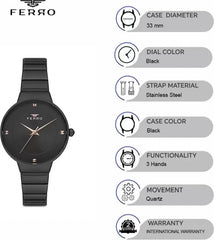 Ferro Analoge Black Round Dial Women's Watch -  F40080A-G