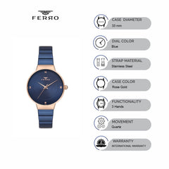 Ferro Quartz Blue Round Dial Women's Watch - F40080A-T