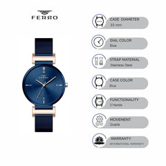 Ferro Analog Navy Blue Square Dial Women's Watch -  F40084C-H