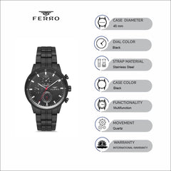 Ferro Multifunction Black Round Dial Men's Watch -  FM11061A-G