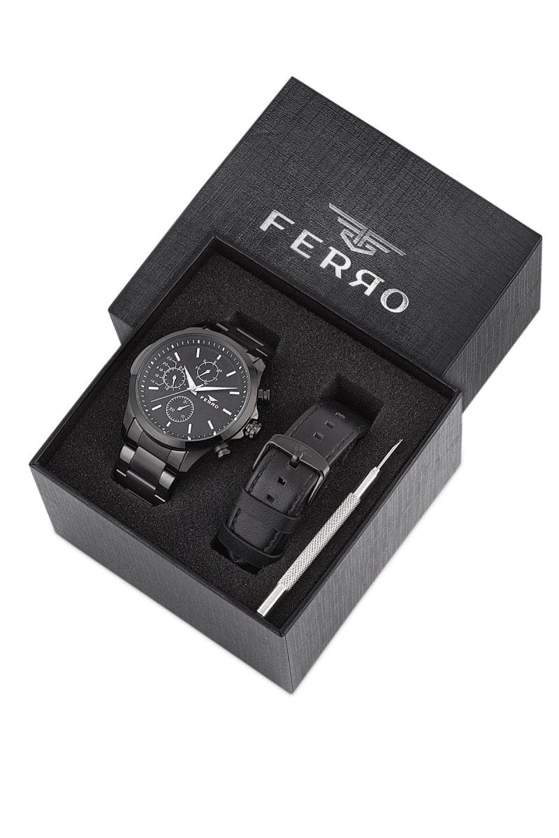 Ferro Pisa Multifunction Black Round Dial Men's Watch With Additional Strap - FM11170A-G