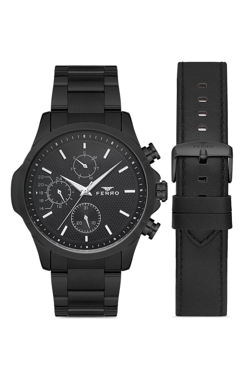 Ferro Pisa Multifunction Black Round Dial Men's Watch With Additional Strap - FM11170A-G