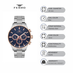 Ferro Multifunction Blue Round Dial Men's Watch - FM11180A-E3