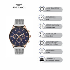 Ferro Pisa Chronograph Blue Round Dial Men's Watch - FM11912C-E3