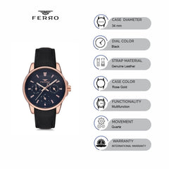 Ferro Multifunction Black Round Dial Women's Watch - FM1905B-965-R