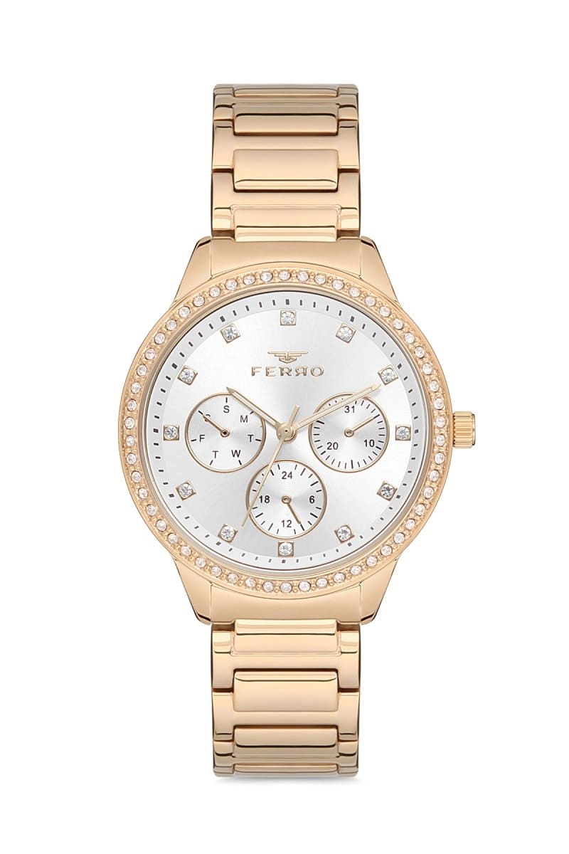 Ferro Multifunction Crystals Silver Round Dial Women's Watch - FM21077A-B