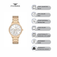 Ferro Multifunction Crystals Silver Round Dial Women's Watch - FM21077A-B